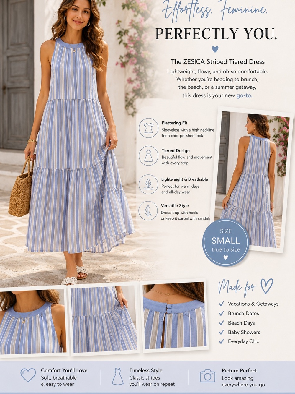 Zesica Blue Striped Tiered Maxi Dress — Sleeveless Summer Style